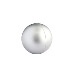 A silver stress ball with a smooth, shiny surface and a seam running around its circumference.