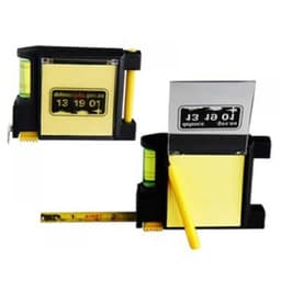 A black and yellow 4-in-1 tape measure with a spirit level, yellow notepad, and a retractable measuring tape.