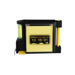 A black and yellow tape measure with a built-in level and a logo on the side.