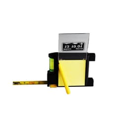 A 4-in-1 tape measure in black and yellow, featuring a level, sticky note holder, and a tape measurement.