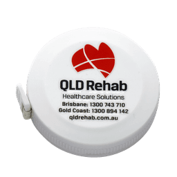 A circular white tape measure featuring a logo and text related to healthcare solutions.