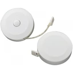 A white circular tape measure with a retractable measuring tape and a small button on the front.