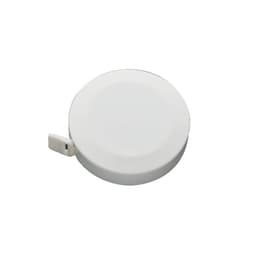 A circular white tape measure with a retractable design and a small clip on the side. It features a logo.