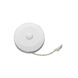 A circular white tape measure with a retractable measuring tape extending from it. It features a logo on the surface.