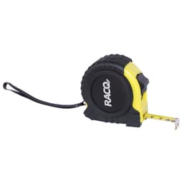 A black and yellow 5M tape measure with a retractable feature and a branding logo.