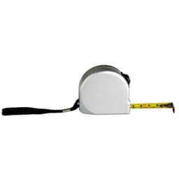 A silver tape measure with a yellow measuring tape extends from the front, featuring a black wrist strap.
