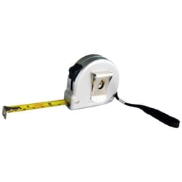 A silver tape measure with a yellow measuring tape extending from it, featuring a black strap.