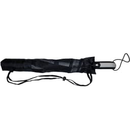 A black umbrella with a mesh cover and a handle, featuring a logo on the handle.