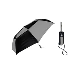 A black and grey umbrella with an automatic opening mechanism and a handle featuring a logo.
