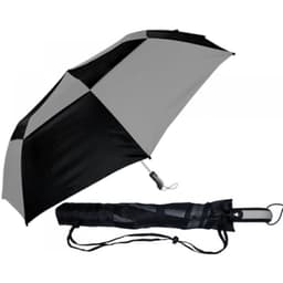 A grey and black umbrella, with a matching protective sleeve, featuring a logo.