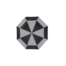 A grey and black, eight-panel umbrella featuring a geometric design and a central button. It has a logo on it.