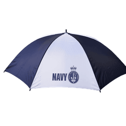A golf umbrella featuring navy and white panels, with a logo and 'NAVY' printed on it.