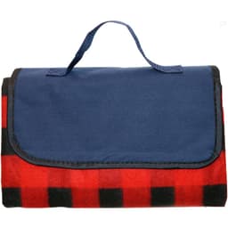 A red and black checked picnic blanket folded with a blue cover and a carry handle on top. It features a logo.
