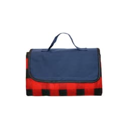 A folded picnic blanket in red and black checkered pattern with a navy blue top and a carrying handle.