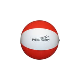 A large beach ball in red and white, featuring a logo on the side.
