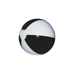 A large beach ball in alternating black and white panels, featuring a logo on one side.