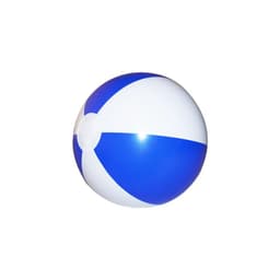 A large beach ball in blue and white with a smooth surface and a branding logo.