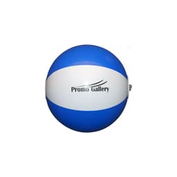 A large beach ball in blue and white with a logo displayed on the surface.