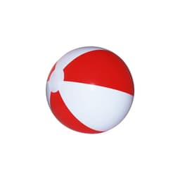 A large beach ball featuring red and white stripes with a central valve.
