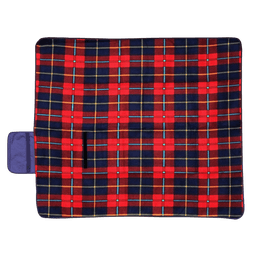 A picnic blanket with a red and navy plaid pattern, featuring a purple handle and a pocket design.