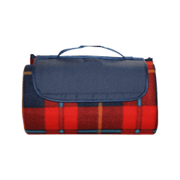A rolled-up picnic blanket featuring a red tartan pattern and a navy blue carrying handle and flap.