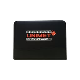 A4 compendium in black with a logo featuring a padlock and chain design. 