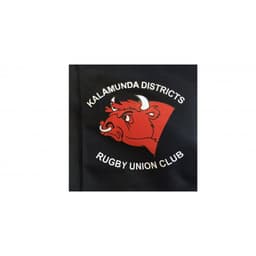 A black sports bag featuring a red bull logo, labelled with "Kalamunda Districts Rugby Union Club."