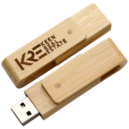 A bamboo USB 2.0 flash drive, featuring a wooden design and a logo, with 8GB storage capacity.