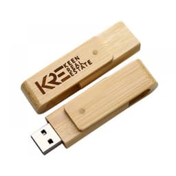 A bamboo USB flash drive in natural tones, featuring a branding logo on the side. It has an 8GB capacity.
