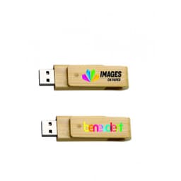 A bamboo USB flash drive with a wooden casing, featuring a logo on one side and colourful text on the other.