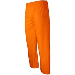 An orange pair of rain pants with an elastic waistband and straightforward design. Features a logo.