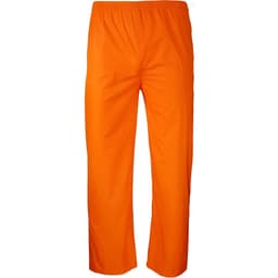An orange pair of rain pants with an elastic waistband, made from waterproof material. The product has a logo.