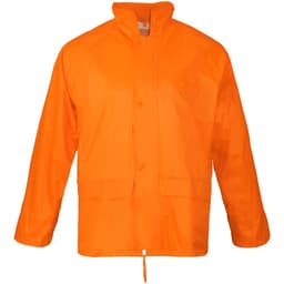 An orange rain jacket with a full zipper, featuring long sleeves and a high collar. It has a logo on it.
