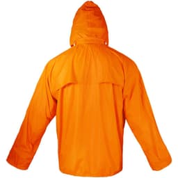 An orange rain jacket with a hood, featuring a simple design and no visible branding.