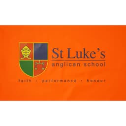 An orange banner featuring the emblem of St Luke's Anglican School, with elements representing faith, performance, and honour.