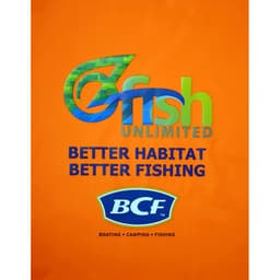 An orange promotional backdrop featuring a logo and text related to fishing, boating, and camping.