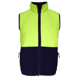 A polar vest featuring a high-visibility yellow upper and navy blue lower sections, with a full front zip and pockets.