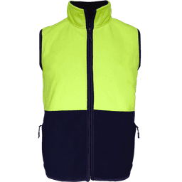 A high-visibility polar vest in bright yellow and navy blue, featuring a zip front and practical side pockets.