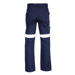Navy work pants featuring reflective strips, with a secure waistband and multiple pockets for functionality.