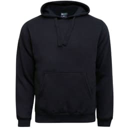 A black hoodie with a front pocket and a drawstring hood, featuring a logo on the label.