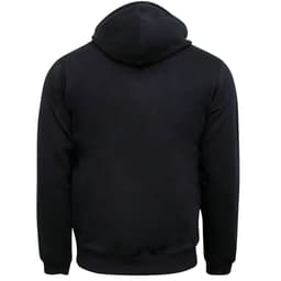 A black hoodie with a hood and long sleeves, featuring a plain back without any visible logos or details.