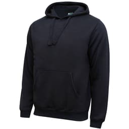A black hoodie with a front pocket and a drawstring hood. It has a logo on the label.