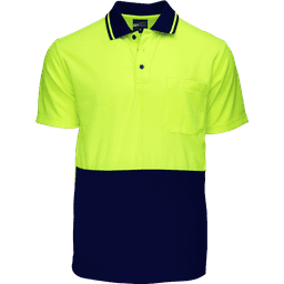 A Hi-Vis polo shirt featuring bright yellow and navy blue colours with a collar and a pocket. It includes a logo.