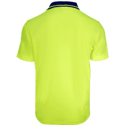 A Hi-Vis polo shirt in bright yellow with a navy collar, featuring a logo on the front.
