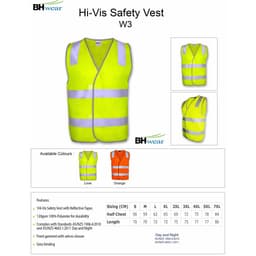 A Hi-Vis safety vest in lime green with reflective tape, displayed alongside an orange version. Features a branding logo.