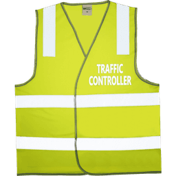 A lime green safety vest featuring reflective stripes and a logo, designed for traffic control use.