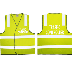 A traffic control safety vest in lime with reflective white stripes and a logo on the front and back.