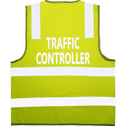 A lime safety vest with reflective stripes and a branding logo, featuring "Traffic Controller" text on the back.