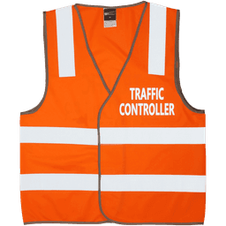 An orange traffic control safety vest featuring reflective white stripes and a logo.