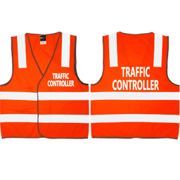 An orange traffic control safety vest featuring reflective stripes and a logo.